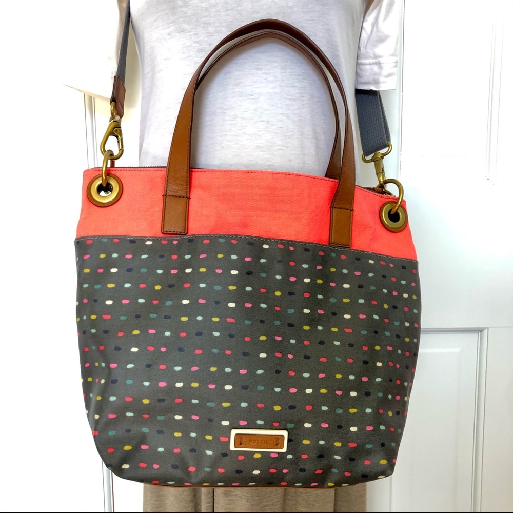 Fossil Top Zip Satchel Tote in Coral & Gray Print